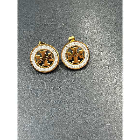 Tory Burch Miller Pavé Stud Gold Plated White Enamel Crystal Round Earrings - Picture 4 of 10